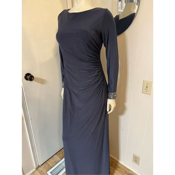 Alex Evenings Glittery Dark Gray Ruched Side floor Lengh Gown W/jeweled cuffs 8 - Picture 4 of 11